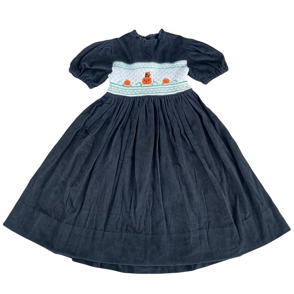 Halloween Smocked Dress Vintage Homemade Black Corduroy Pumpkin Black Cat Smock